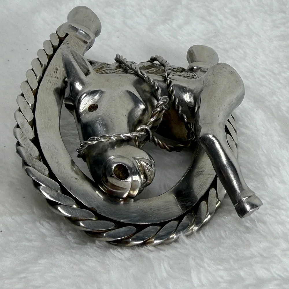 VTG Artisan 3D Horse‎ Horseshoe Belt Buckle Silver Tone Western Equestrian